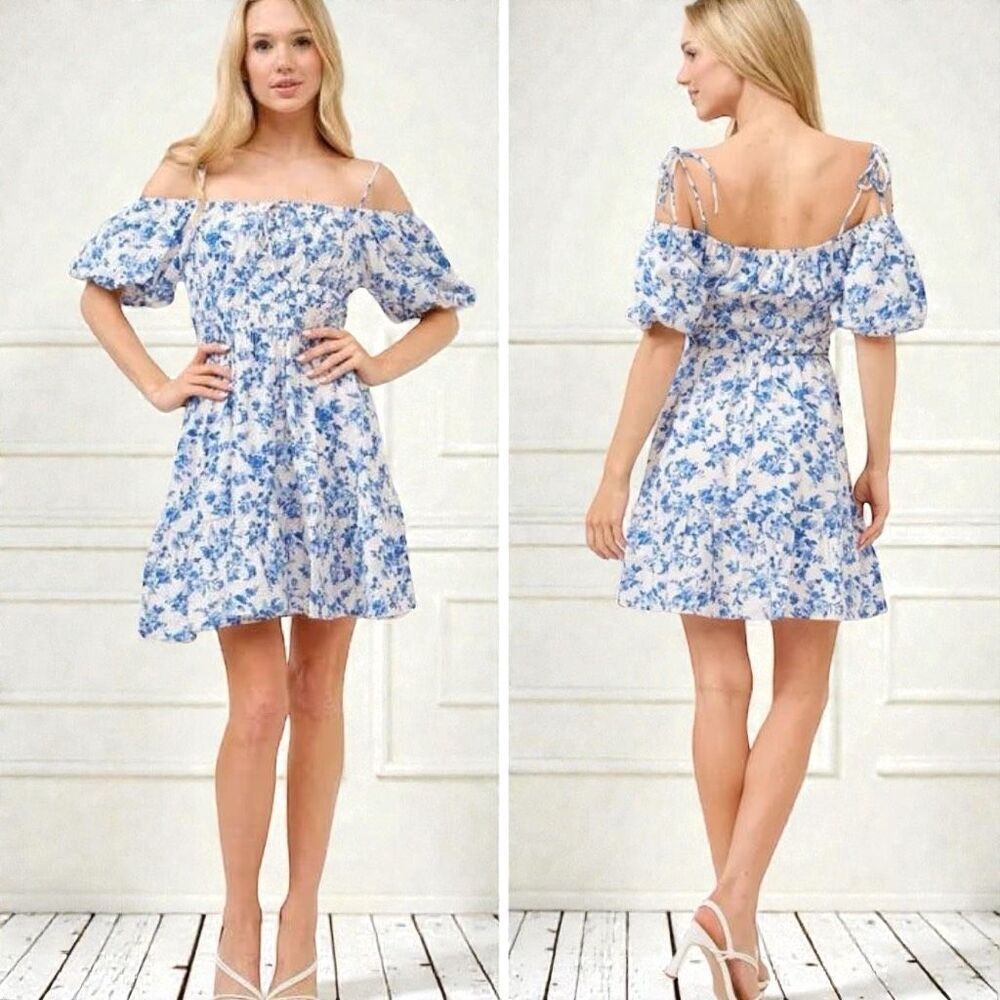Ditsy Floral Mini Dress Blue White Off Shoulder Bubble Sleeve | and the why